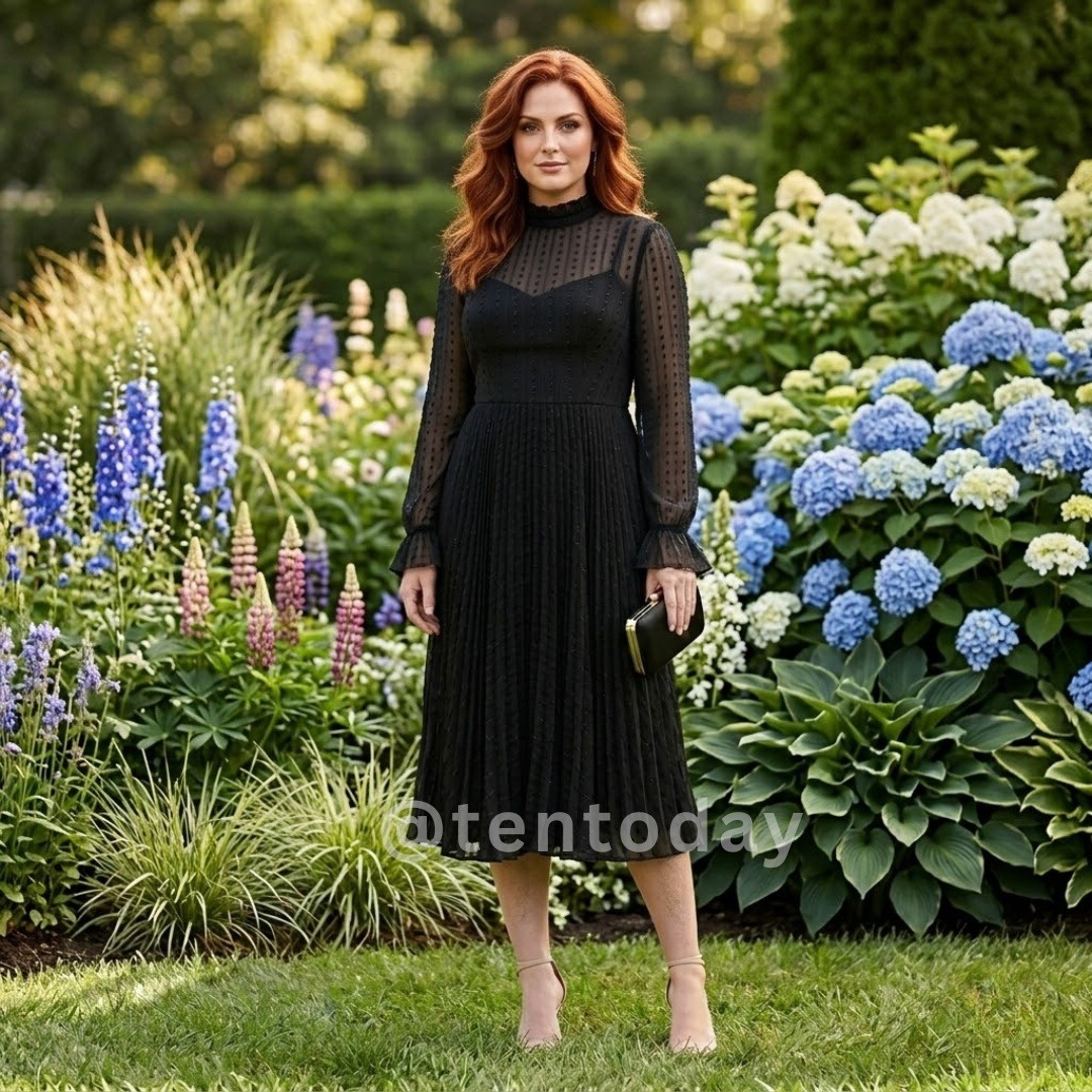 $398 Mac Duggal Size 16 Black High Neck Long Sleeve Ruffle Midi Tea Dress